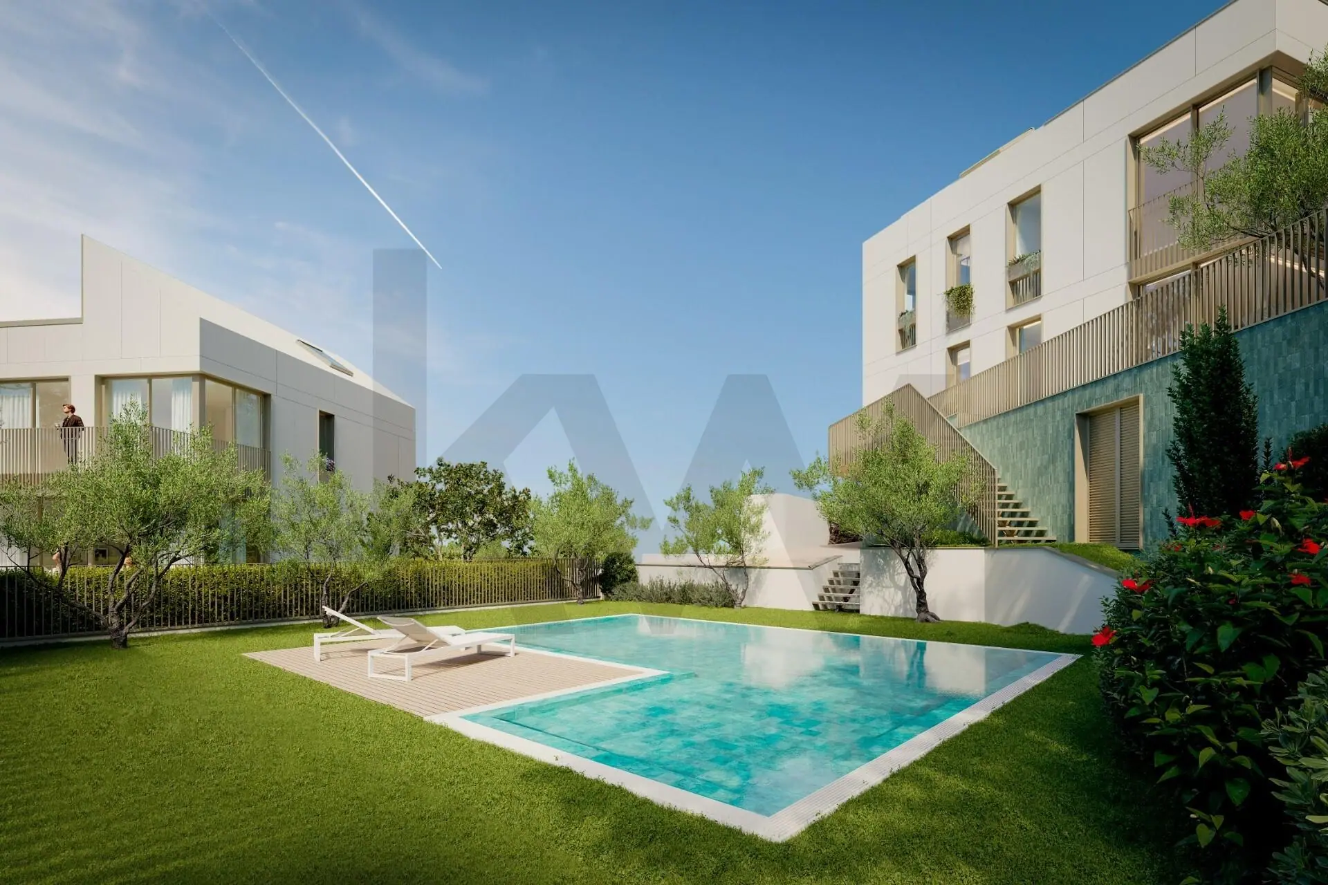 Greenville Estoril: jardim e piscina do condomínio (simulação 3D)