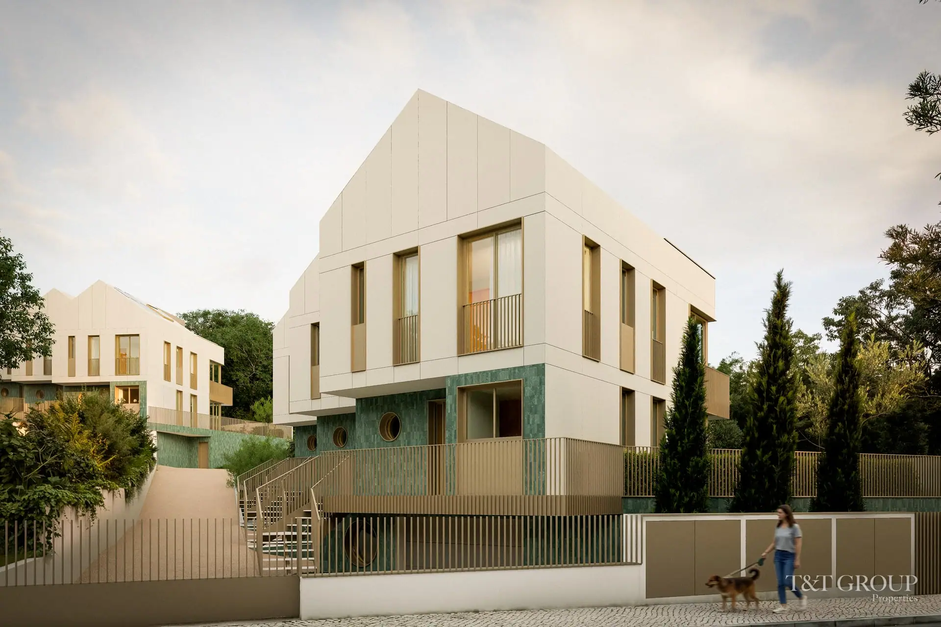 Imagem 3D das moradias Greenville Estoril vistas da rua