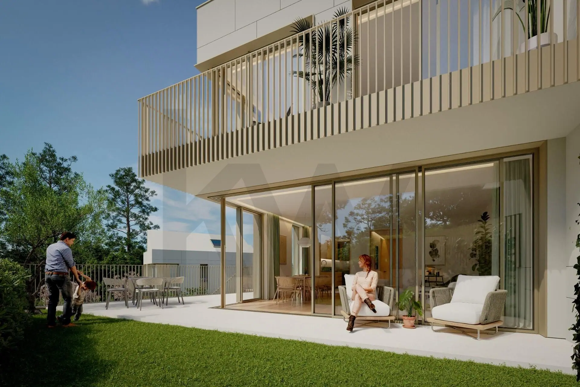 Terraço junto à sala, aberto para o jardim